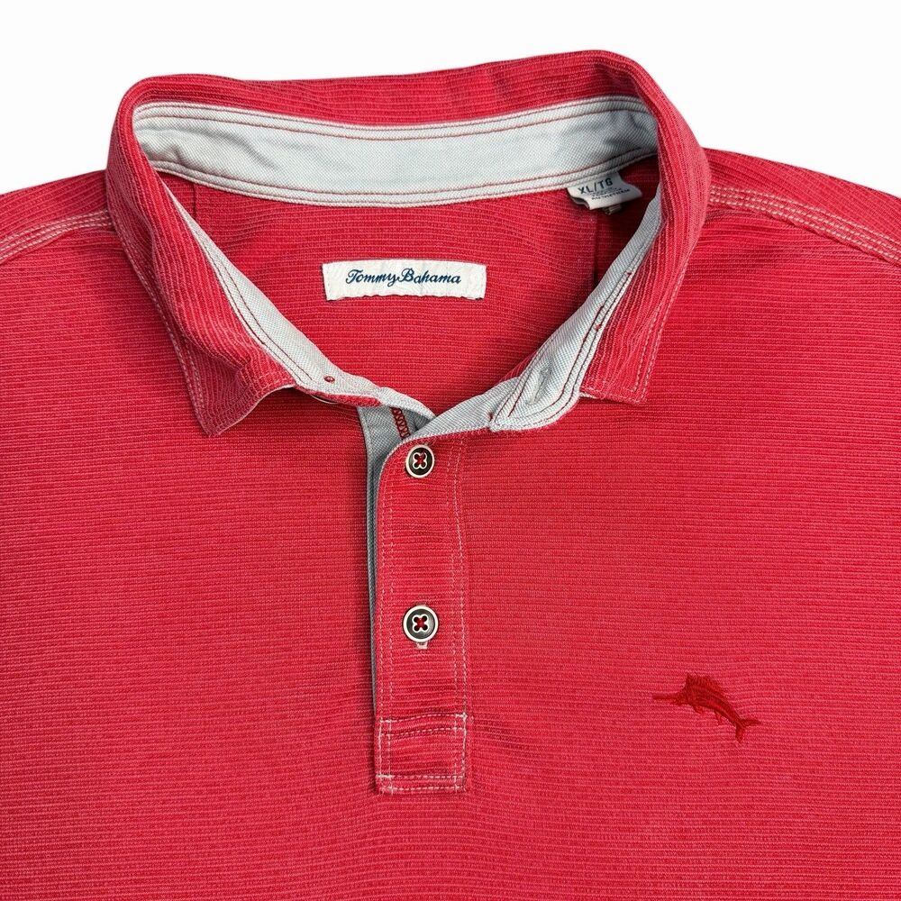 Tommy Bahama Rose Red Paradise Cove Polo Shirt Men's XL Stretch Logo Striped